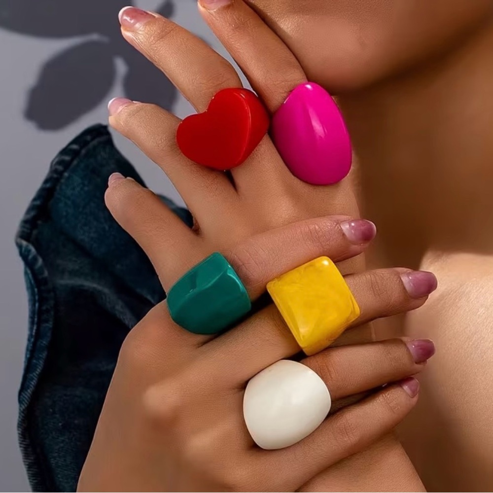 Color Pop Resin Ring Set — Red, Pink, Teal, Yellow & White Statement Jewelry